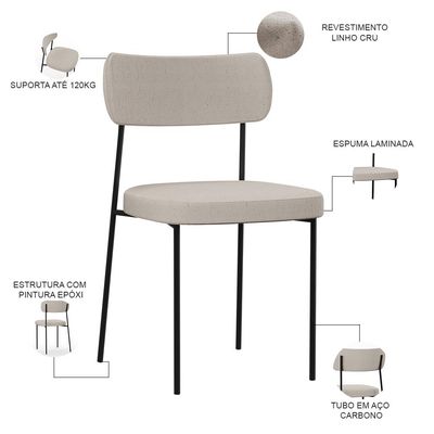 Cadeira Decorativa Estofada Para Sala De Jantar Melina L02 Linho Cru - Lyam Decor