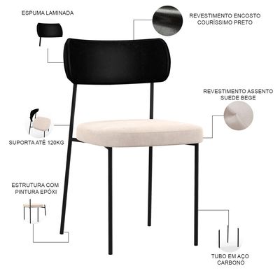 Cadeira Decorativa Para Sala De Jantar Melina L02 Couríssimo Preto Suede Bege - Lyam Decor