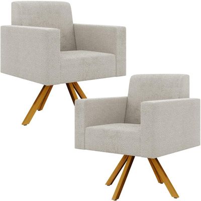 Kit 02 Poltronas Giratórias Sala de Estar Base de Madeira Helô L02 Bouclê Creme - Lyam Decor