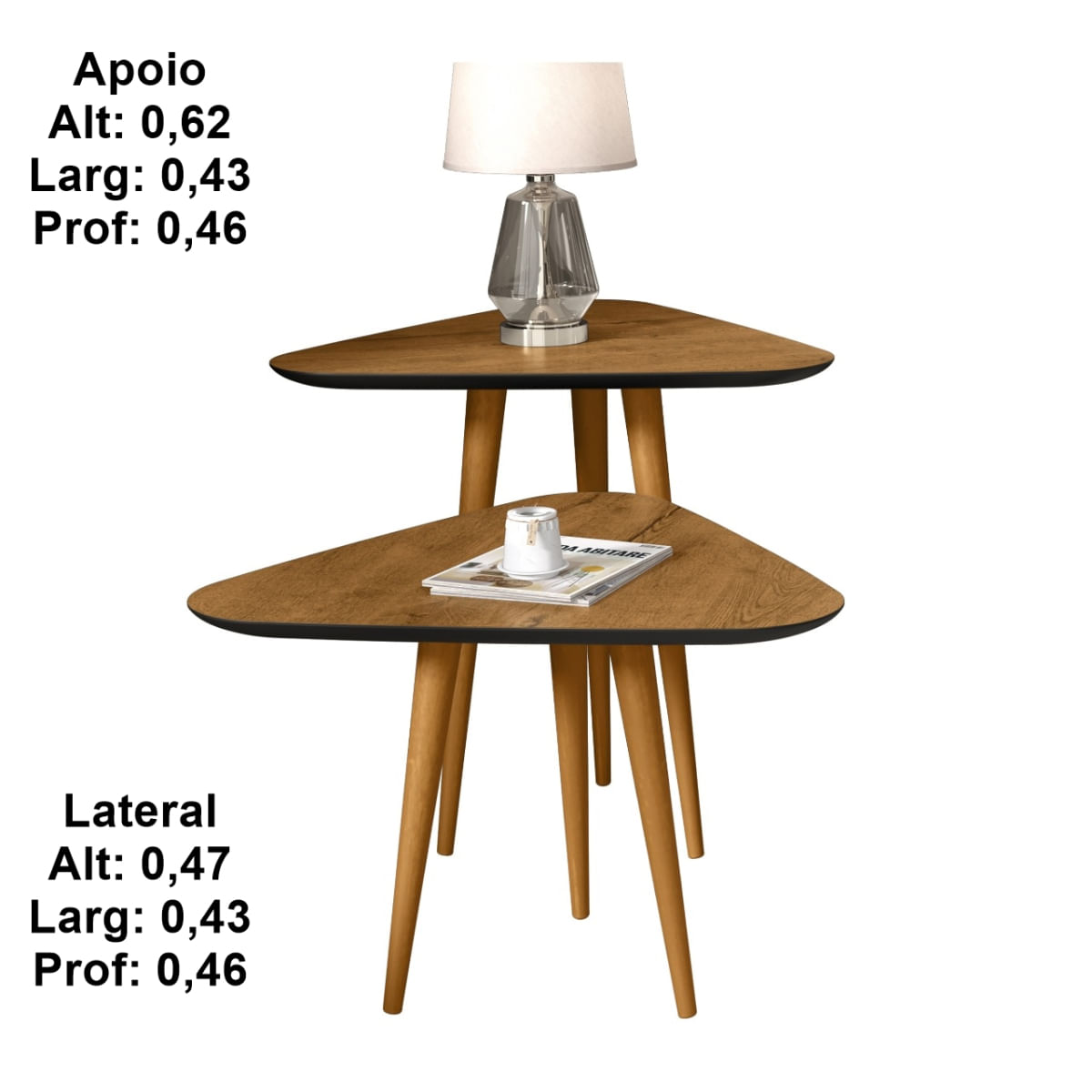 Jogo 2 Mesas Sala Lateral e Apoio 3 Pontas Estilo Retro Pés Palito cor Freijó/Preto - Comprar Moveis em Casa