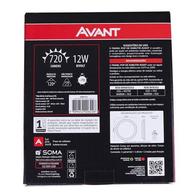 Painel Led de Embutir 17cm Redondo 12W Avant Bivolt Branco