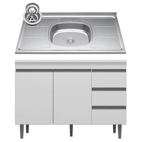 Balcão Gabinete com Pia Inox 120cm 2 Portas 3 Gavetas Andréia Branco - AJL Móveis