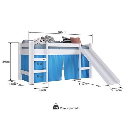 Cama Elevada Com Escorregador E Cortina Bb1000 Branco/azul