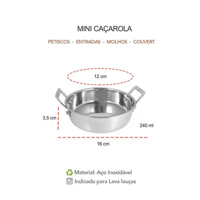 Caçarola Mini Panela Couvert Inox Entrada Petisco Molho 12cm