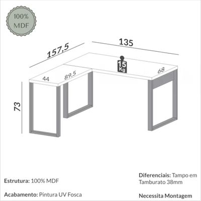 Mesa para Escritório de Canto 135x158 cm em MDF F22 Freijó/Preto Fosco Pradel Dalla Costa