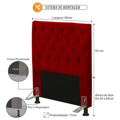 Cabeceira Cama Box Solteiro 90Cm Cristal Suede Vermelho