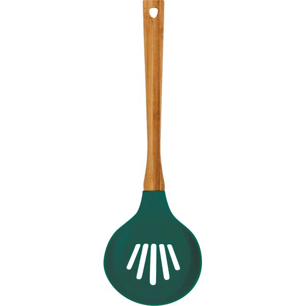Escumadeira Silicone com Cabo de Bambu Anji Verde
