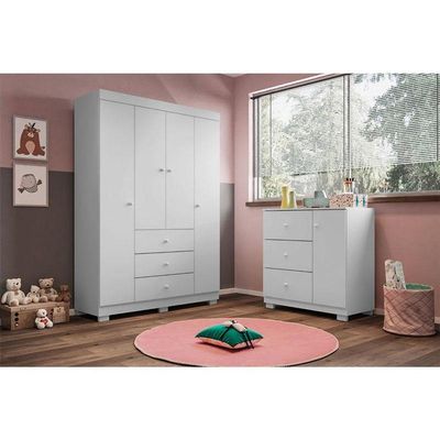 Quarto De Bebê Duda 4 Portas E Berço Nacional Doce Sonho 3540 Branco Brilho Com Colchão Ortobom