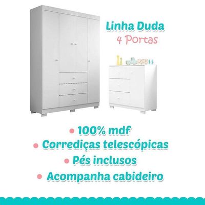 Quarto De Bebê Duda 4 Portas E Berço Nacional Doce Sonho 3540 Branco Brilho Com Colchão Ortobom