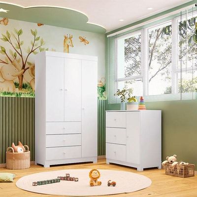 Quarto De Bebê Duda 3 Portas Com Berço Nacional Doce Sonho 3540 Branco Brilho - Phoenix Baby