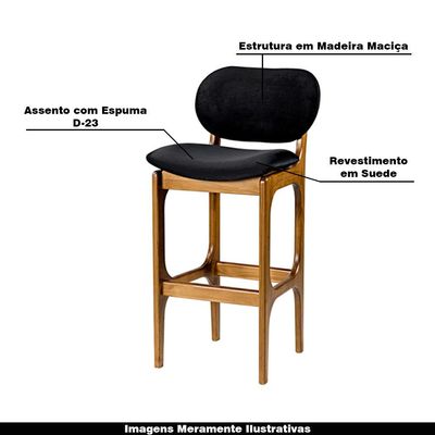 Kit 4 Banquetas Alta Madeira Maciça Soshoku Suede Preto/Imbuia - Gran Belo