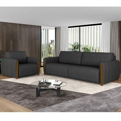Kit Sofá 3 Lugares Sala Estar 223 Com Poltrona Flora Pés Madeira M03 Couríssimo Preto - Lyam Decor