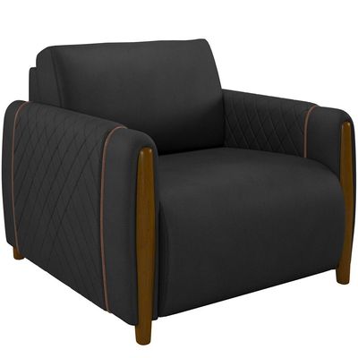 Kit Sofá 3 Lugares Sala Estar 223 Com Poltrona Flora Pés Madeira M03 Couríssimo Preto - Lyam Decor
