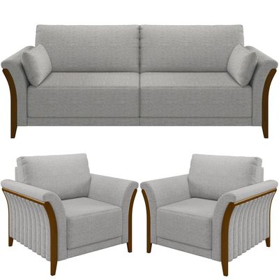 Kit Sofá 02 Lugares Sala Estar 162cm Com 02 Poltronas Stefan Pés Madeira M03 Linho Cinza - Lyam Decor