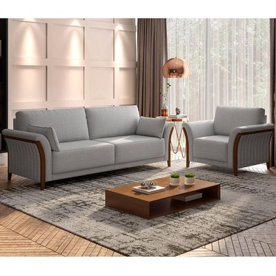 Kit Sofá 02 Lugares Sala Estar 162cm Com 02 Poltronas Stefan Pés Madeira M03 Linho Cinza - Lyam Decor