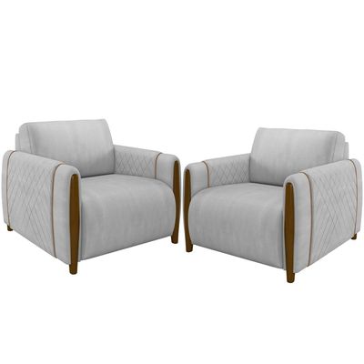 Kit 02 Poltronas Para Sala De Estar Pés De Madeira Base Fixa Flora M03 Veludo Cinza - Lyam Decor