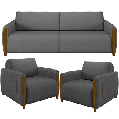Kit Sofá 02 Lugares Sala Estar 168cm Com 02 Poltronas Flora Pés Madeira M03 Linho Chumbo - Lyam Decor
