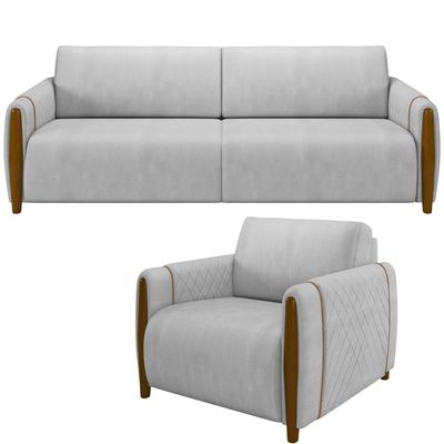 Kit Sofá 03 Lugares Sala Estar 223cm Com Poltrona Flora Pés De Madeira M03 Veludo Cinza - Lyam Decor