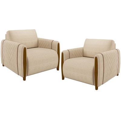 Kit 02 Poltronas Para Sala De Estar Pés De Madeira Base Fixa Flora M03 Linho Bege - Lyam Decor