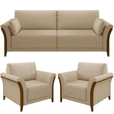 Kit Sofá 02 Lugares 162cm Com 02 Poltronas Stefan Pés Madeira M03 Linho Bege Escuro - Lyam Decor