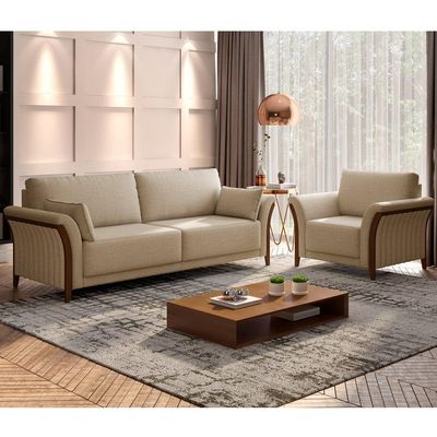 Kit Sofá 02 Lugares 162cm Com 02 Poltronas Stefan Pés Madeira M03 Linho Bege Escuro - Lyam Decor