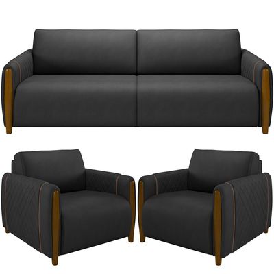 Kit Sofá 2 Lugares Sala Estar 168cm Com 02 Poltronas Flora Pés Madeira M03 Couríssimo Preto - Lyam Decor