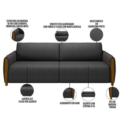Kit Sofá 2 Lugares Sala Estar 168cm Com 02 Poltronas Flora Pés Madeira M03 Couríssimo Preto - Lyam Decor