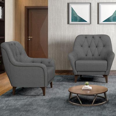 Kit 02 Poltronas Para Sala De Estar Com Tachas Base Fixa Blenda M03 Linho Chumbo - Lyam Decor