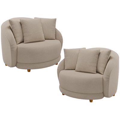 Kit 02 Poltronas Decorativa Sala De Estar Base Fixa De Madeira Witta M03 Linho Cru - Lyam Decor