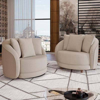 Kit 02 Poltronas Decorativa Sala De Estar Base Fixa De Madeira Witta M03 Linho Cru - Lyam Decor