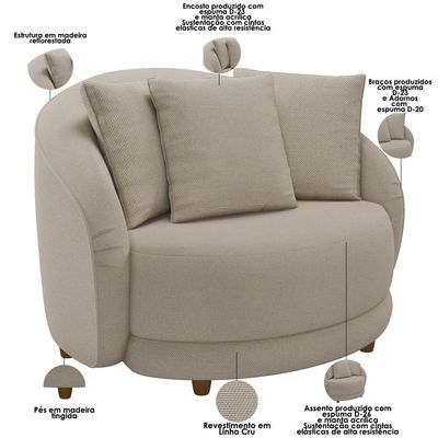 Kit 02 Poltronas Decorativa Sala De Estar Base Fixa De Madeira Witta M03 Linho Cru - Lyam Decor