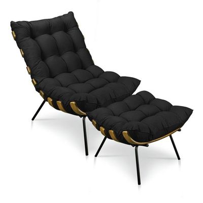 Kit Poltrona e Puff Costela Suede Preto Base Metal Drossi