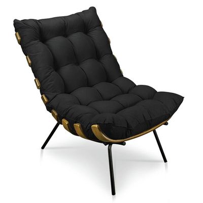 Kit Poltrona e Puff Costela Suede Preto Base Metal Drossi