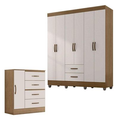 Guarda Roupa Casal 6 Portas E Cômoda 4 Gavetas 01 Porta Lite Nature Off White - Móveis Leão