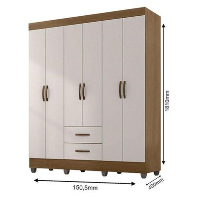 Guarda Roupa Casal 6 Portas E Cômoda 4 Gavetas 01 Porta Lite Nature Off White - Móveis Leão
