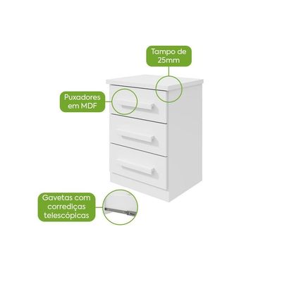 Mesa De Cabeceira 3 Gavetas Baiao Branco