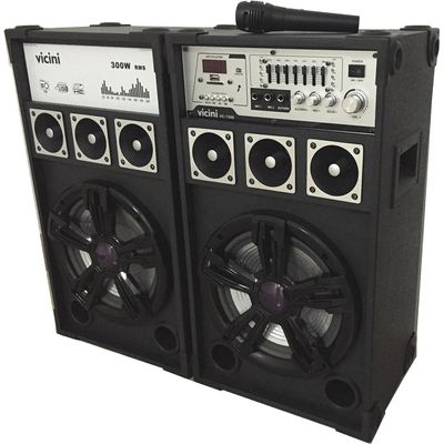 Conjunto 2 Caixas Acústicas Bluetooth 300WRMS Vicini VC-7300 com Microfone e Entradas USB, SD e para Guitarra Preto