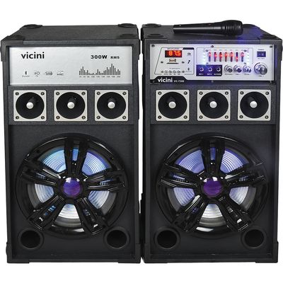 Conjunto 2 Caixas Acústicas Bluetooth 300WRMS Vicini VC-7300 com Microfone e Entradas USB, SD e para Guitarra Preto