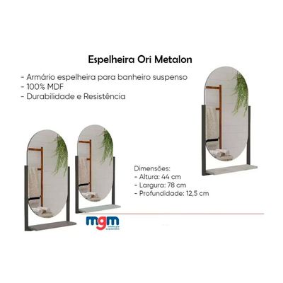 Espelho Quarto de Casal Ori Espelheira Parede Oval c/Prateleira Metalica 41X87cm Cimento - MGM