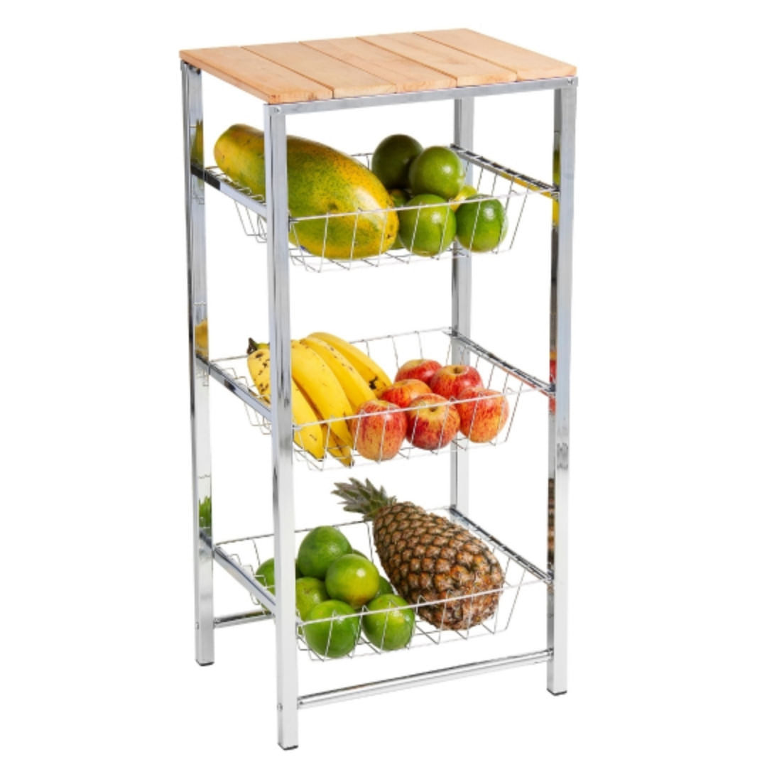 Fruteira De Chão Alta Cromada Com 3 Cestos