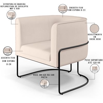 Kit 02 Poltronas Decorativas Fixa Base de Aço Preto Betina D02 Veludo Bege C-309 - Lyam Decor