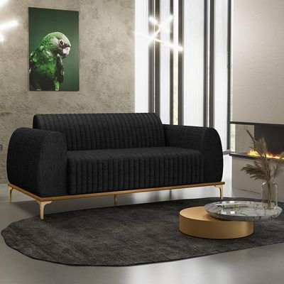 Sofá 3 Lugares Para Sala de Estar Molino 180 cm D02 Pés D'Ouro Linho Chumbo D-465 - Lyam Decor