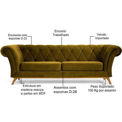 Sofá 3 Lugares Para Sala de Estar Império 180 cm D02 Veludo Mostarda C-260 - Lyam Decor