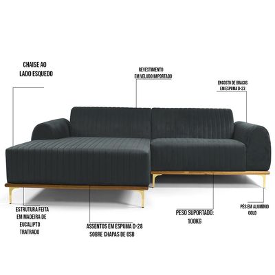 Sofá 3 Lugares com Chaise Esquerdo Para Sala Molino 230 cm D02 Veludo Cinza C-317 -Lyam Decor