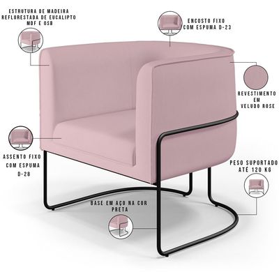 Kit 02 Poltronas Decorativas Fixa Base de Aço Preto Betina D02 Veludo Rosê C-305 - Lyam Decor