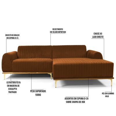 Sofá 4 Lugares com Chaise Direito Para Sala Molino 255 cm D02 Veludo Telha C-262 - Lyam Decor