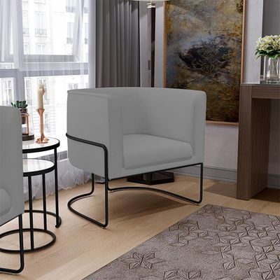 Kit 02 Poltronas Decorativas Fixa Base de Aço Preto Betina D02 Veludo Cinza C-317 - Lyam Decor