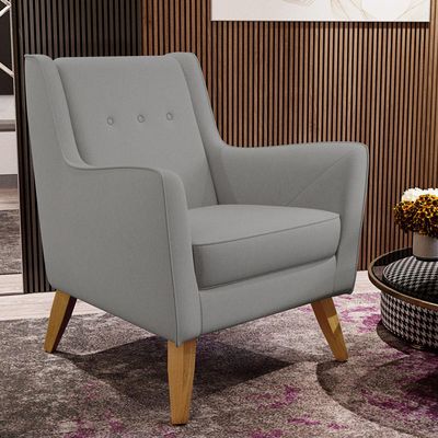 Poltrona Decorativa com Pés de Madeira Taroba D02 Linho Cinza Escuro C-416 - Lyam Decor