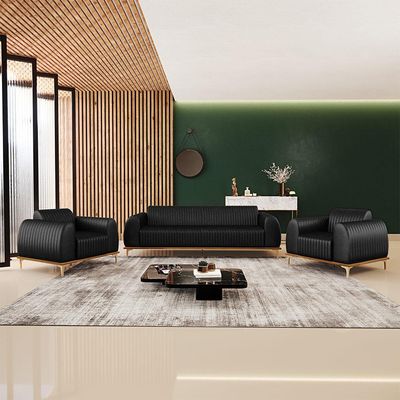 Kit Sofá 3 Lugares 180cm Com 2 Poltronas Molino Pés D'ouro D02 Couríssimo Preto B-159 - Lyam Decor