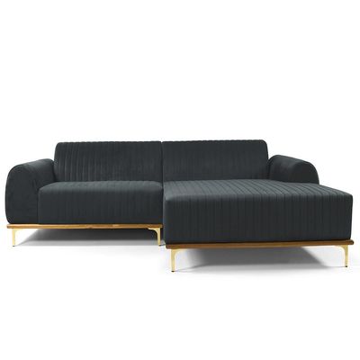 Sofá 5 Lugares com Chaise Direito Para Sala Molino 300 cm D02 Veludo Cinza C-317 - Lyam Decor
